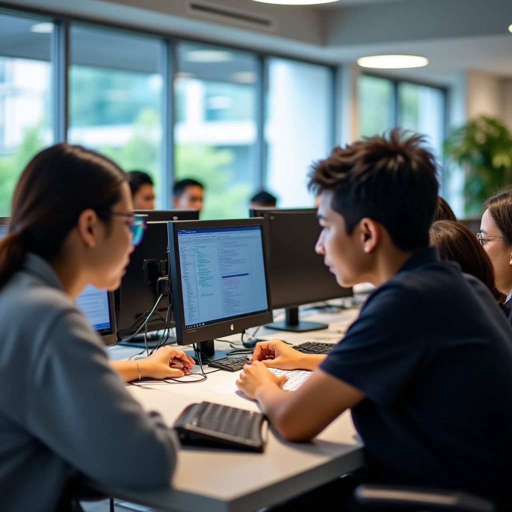 Pelajar bekerja bersama dalam projek pembangunan web