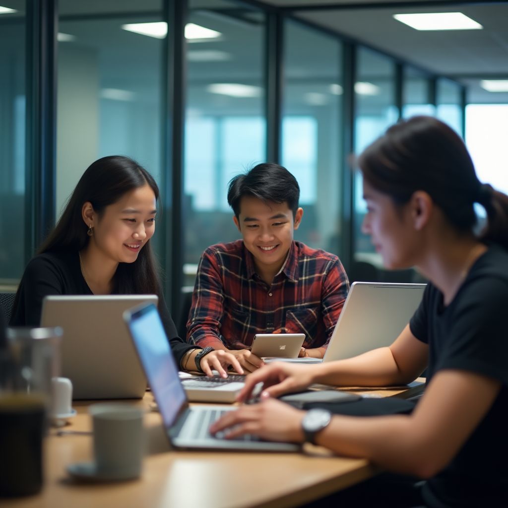 Pelajar bekerja bersama dalam projek pembangunan web